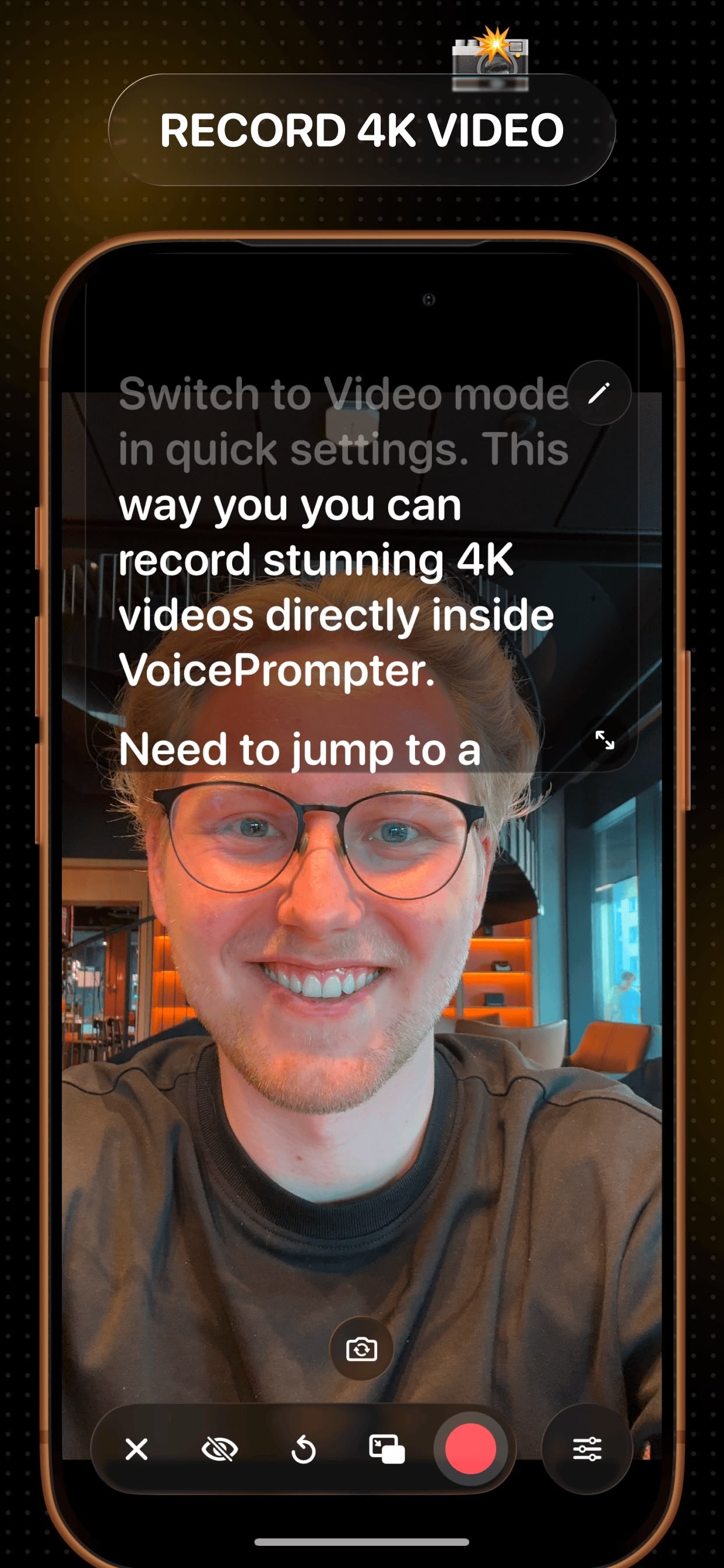 Recording 4K video inside the VoicePrompter iPhone app while the script scrolls